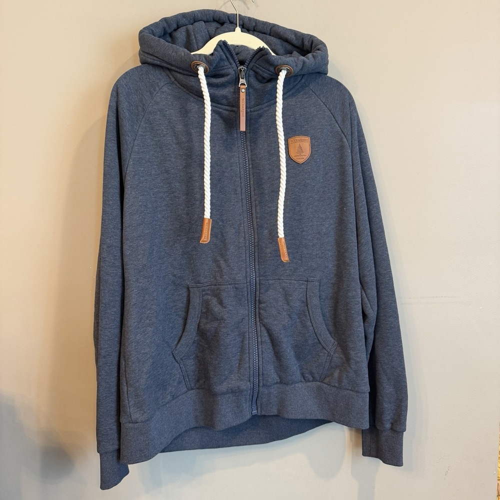 Wanakome Hera Full Zip Hoodie Navy Rope Drawstring Leather Patch XL